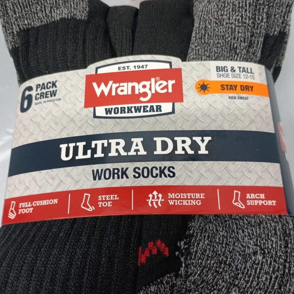 Wrangler Men's 6 Pack Crew Ultra Dry Work Socks Shoe size 12-15 Big & Tall New